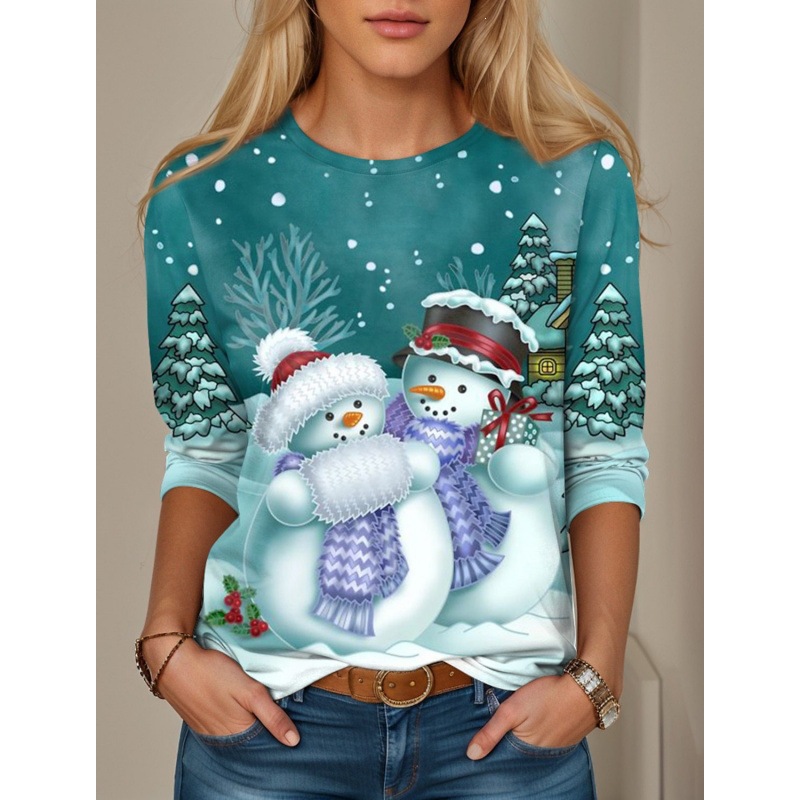 Snowman Print Women's Loose Crewneck Long-Sleeve Top