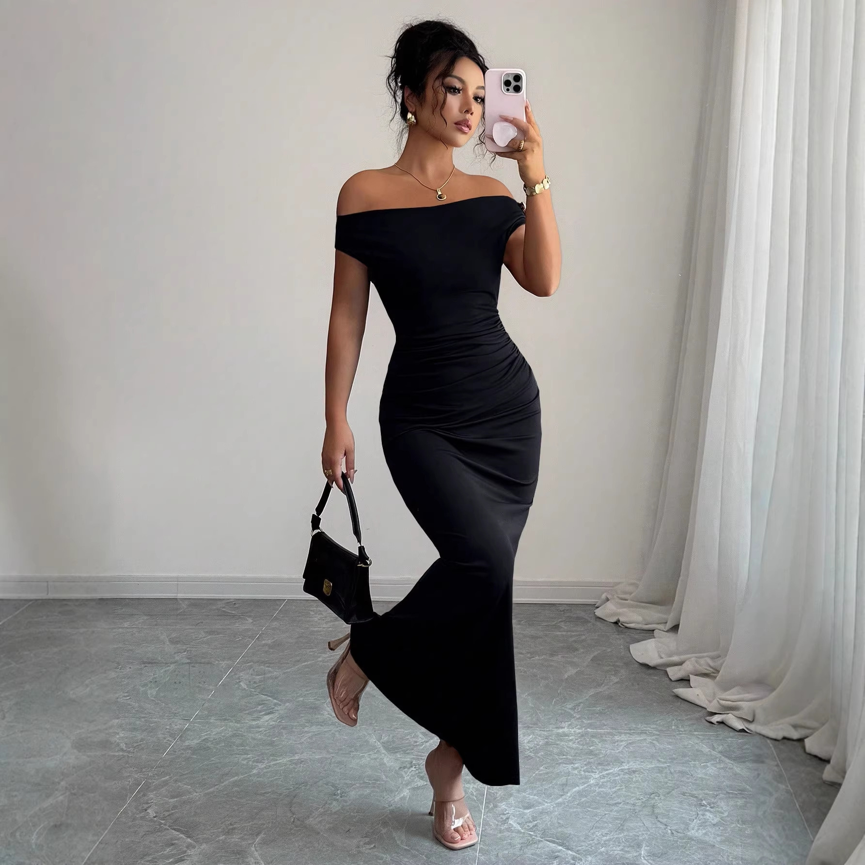 Off-Shoulder One-Line Neck Long Dress Elegant Slimming Evening Gown