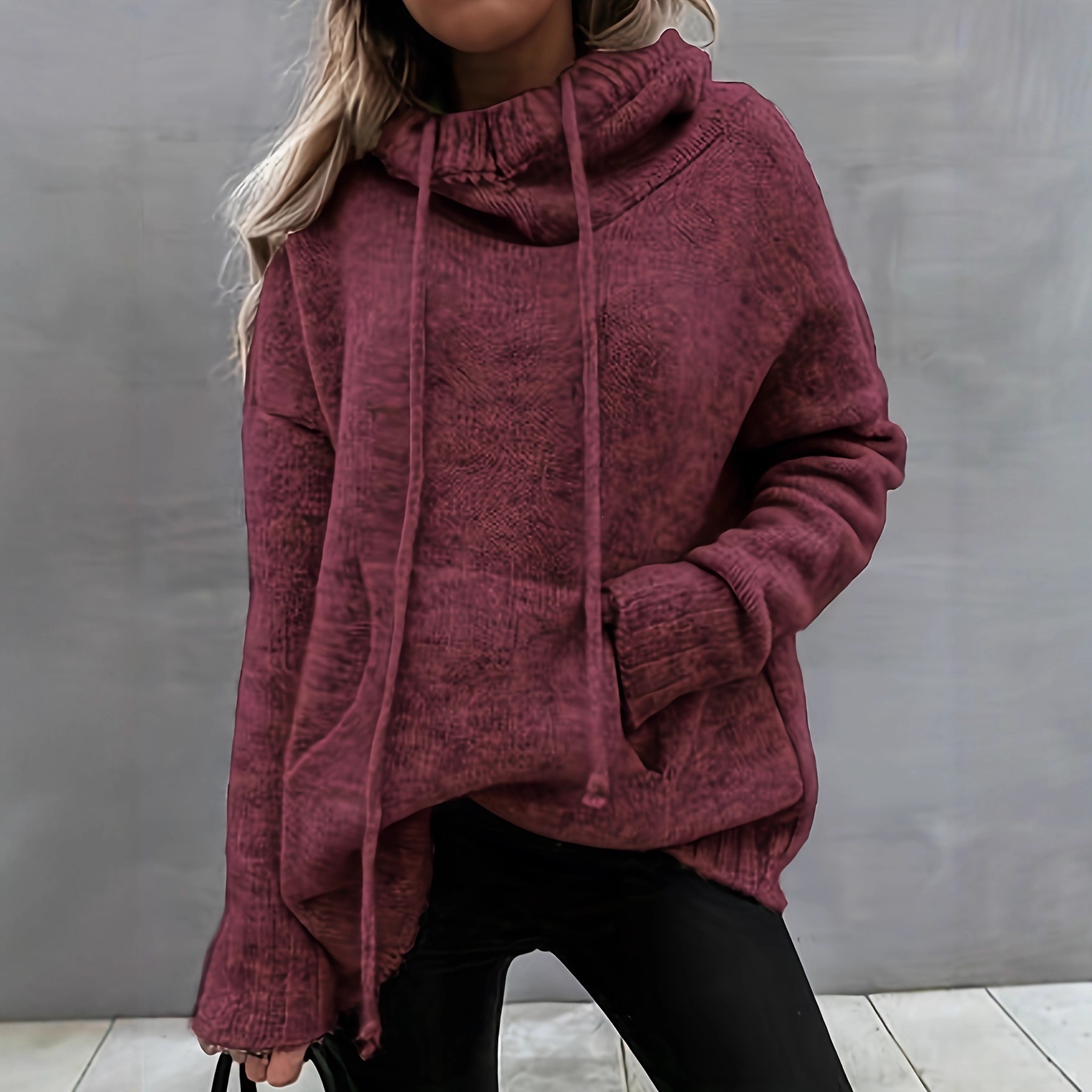 Women's Solid Color Drawstring Pocket Loose Irregular Neck Knit Sweater
