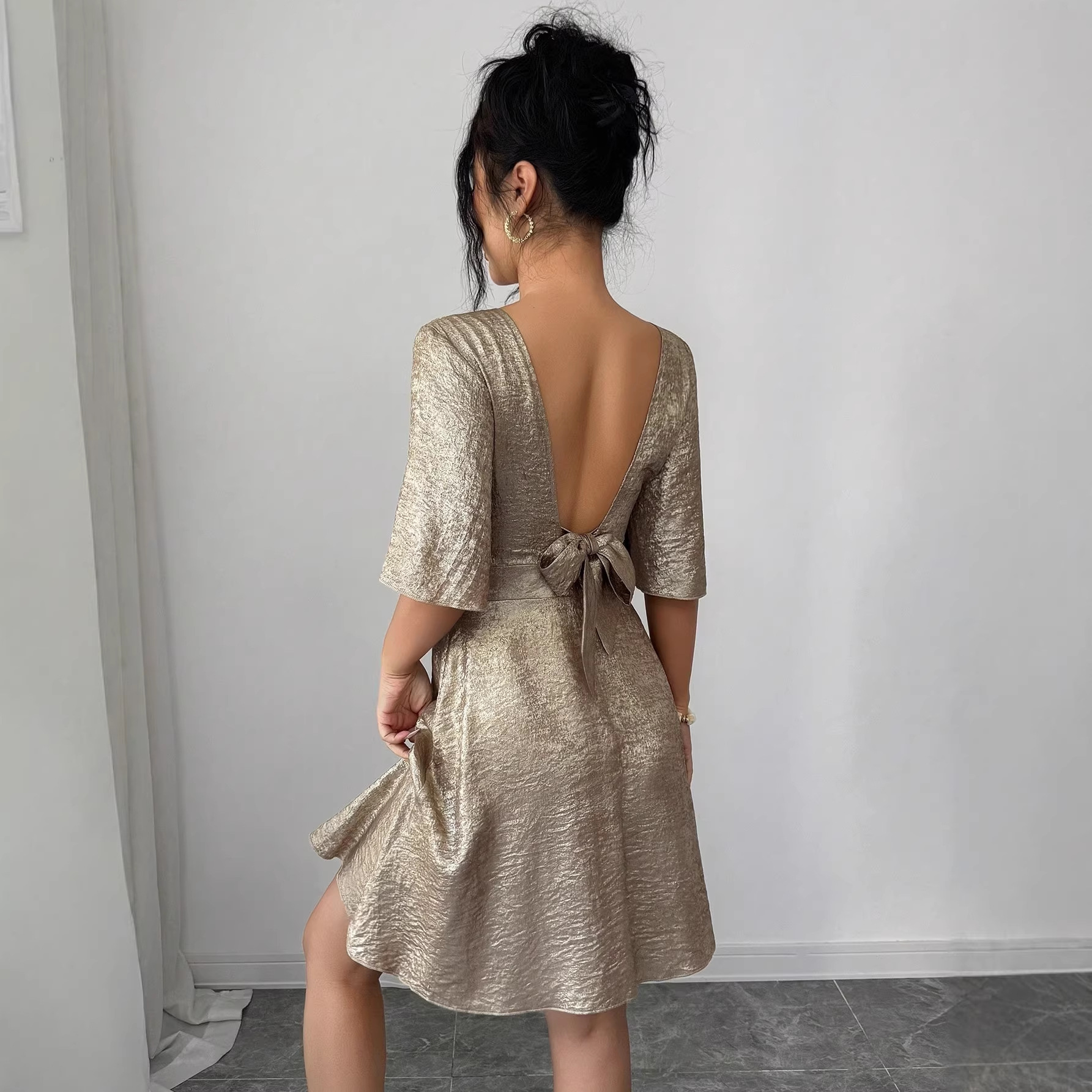Women's Flare-Sleeve Open-Back Tie-Waist A-Line Mini Dress