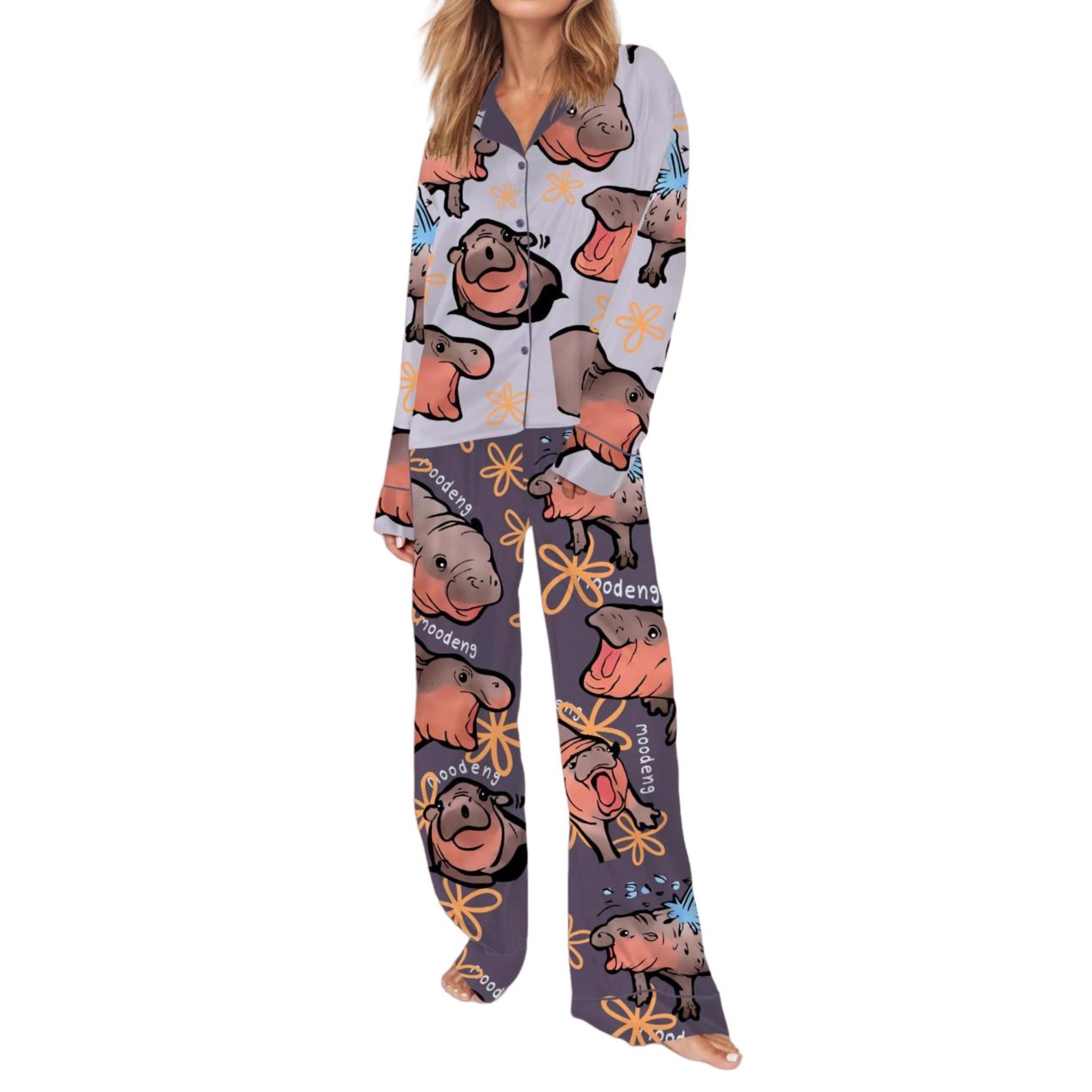 Christmas Tree Print Cuban Collar Long Sleeve Women's Set