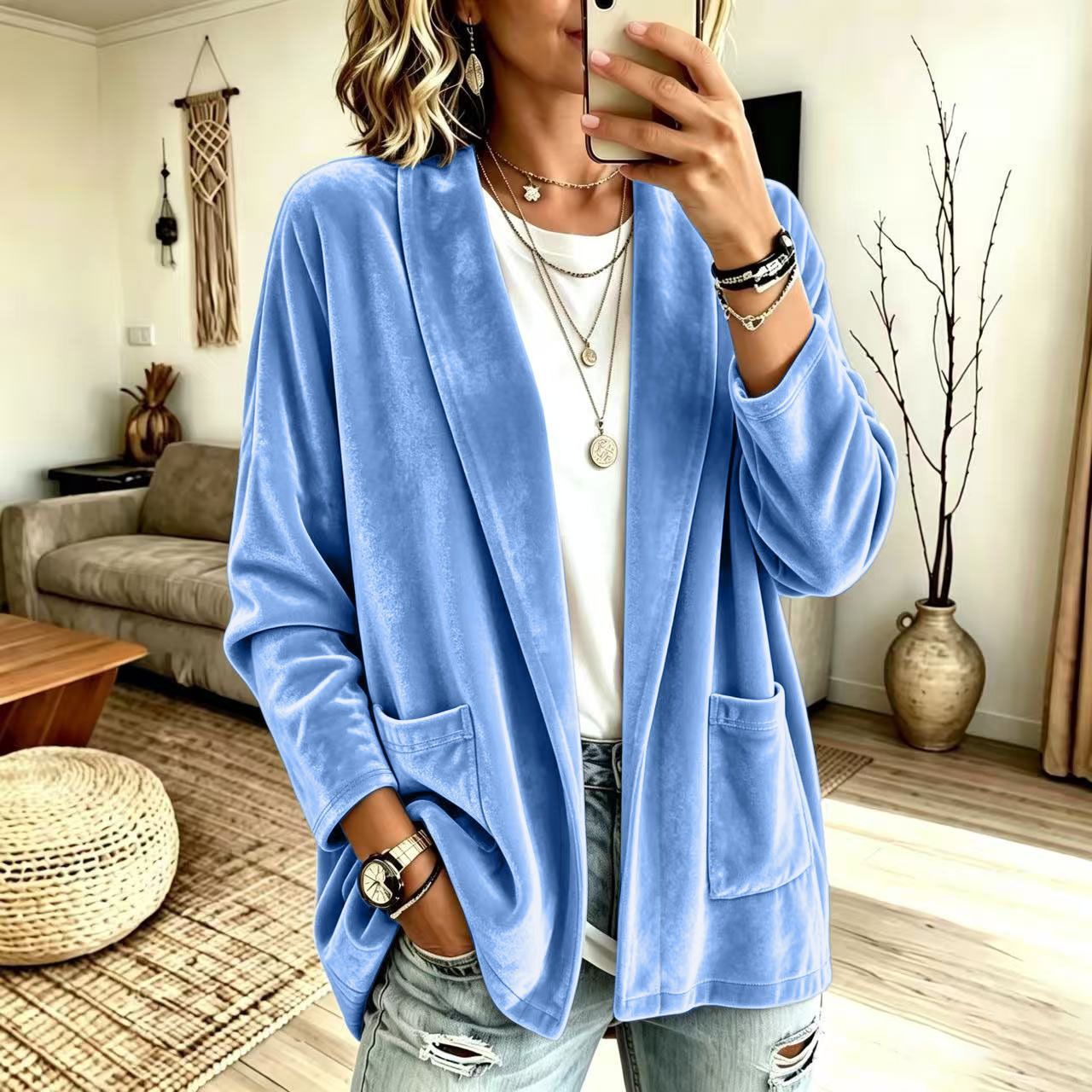 Women's Velvet Long Sleeve Open Front Cardigan Jacket