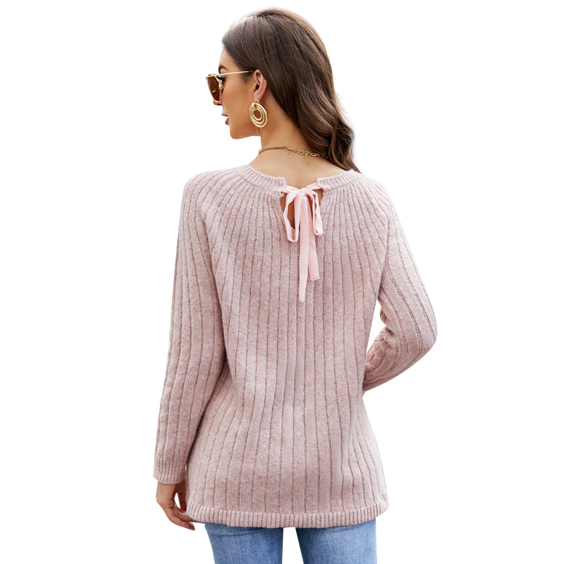 Women's Lace-Up Pink Knit Sweater Long Sleeve Crew Neck Pullover