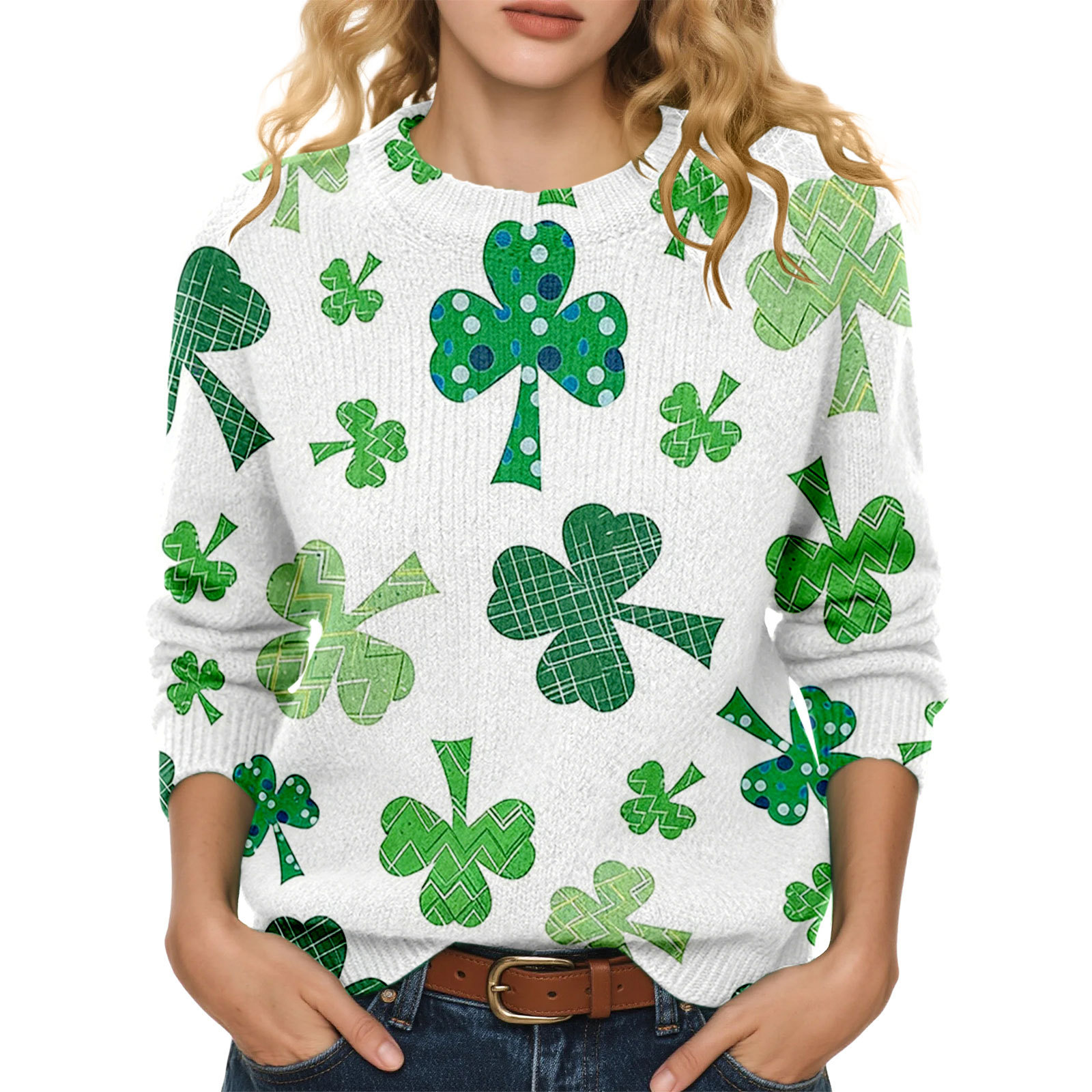 Lucky Clover Print Crewneck Sweatshirt for Women Casual Pullover