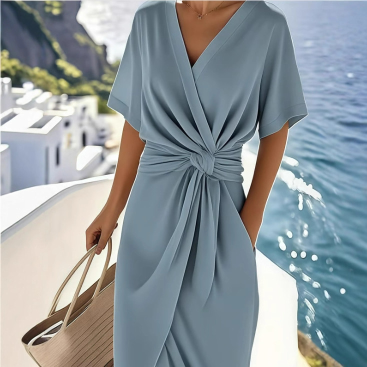 Women's Satin Wrap Dress with Slit V-Neck Short Sleeve Midi