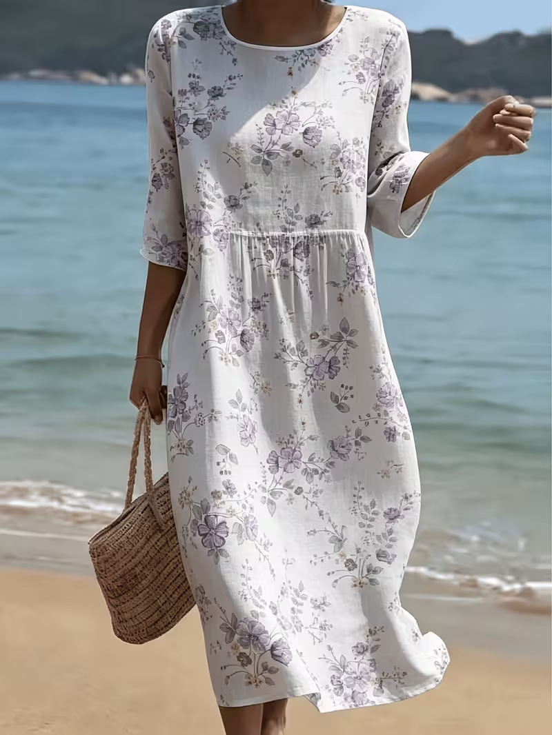 Women's Floral Print Ruched Midi Dress Crew Neck Half Sleeve