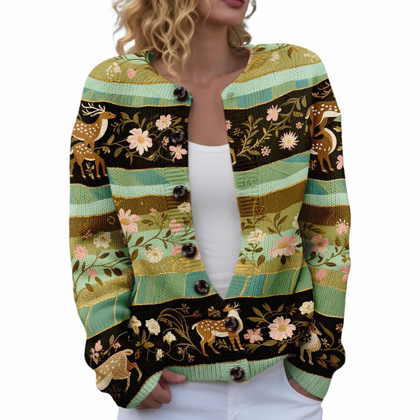 Women's Floral Maple Leaf Print Button Cardigan