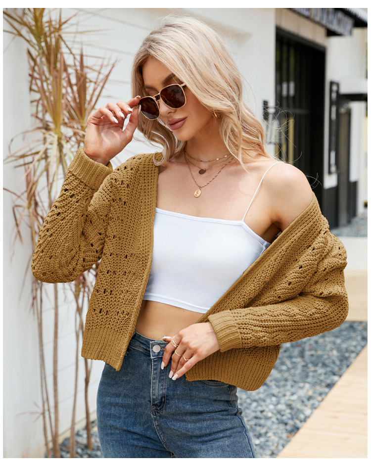 Women's Cropped Open-Knit Cardigan Long-Sleeve Solid Color