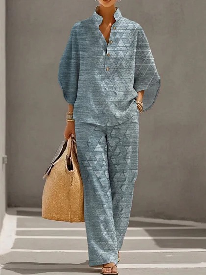 Women's Polka Dot Floral Print Long Sleeve Button-Up Top Set