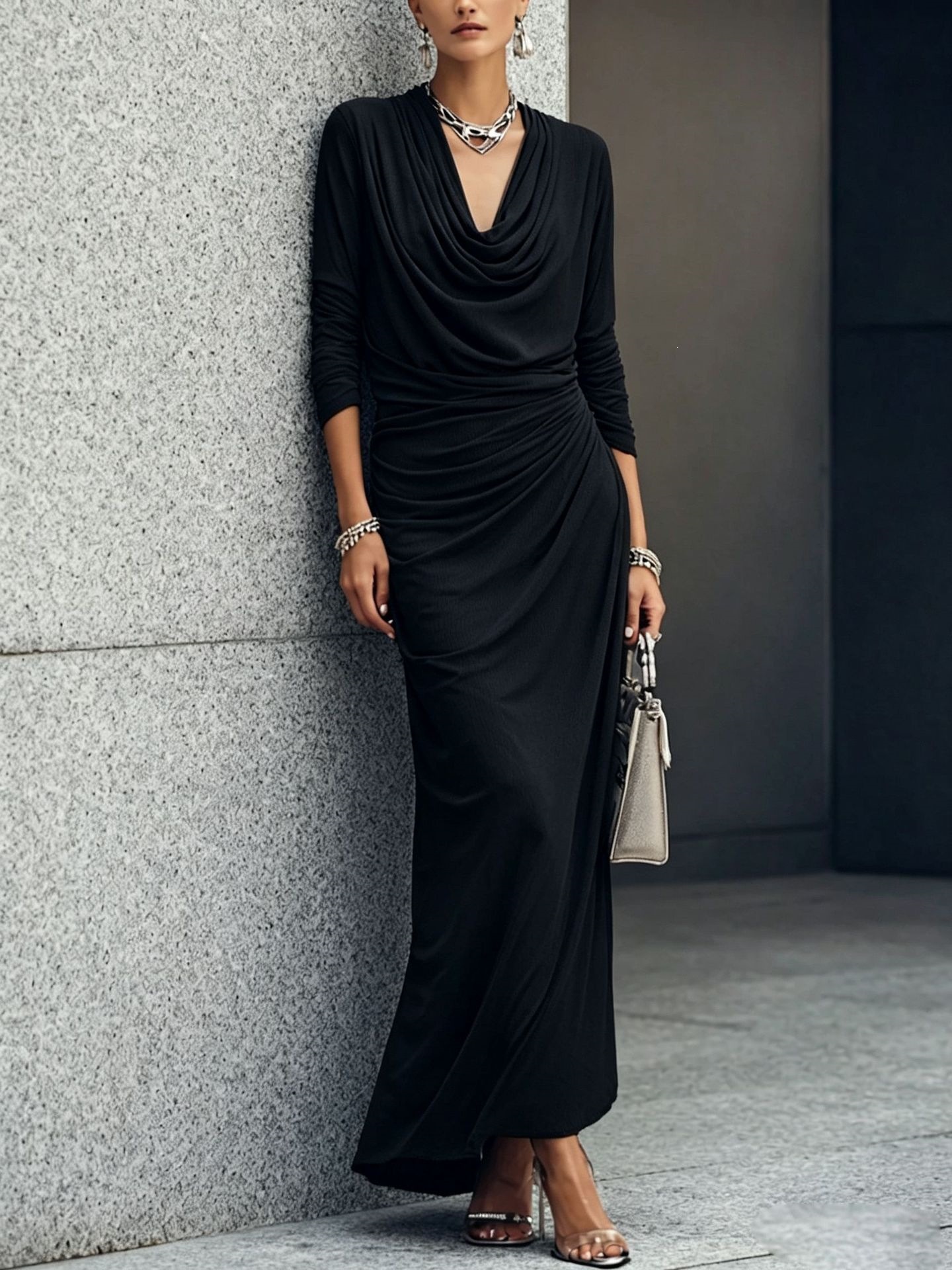 Women's Long Sleeve Draped Neck Ruched Waist Midi Dress