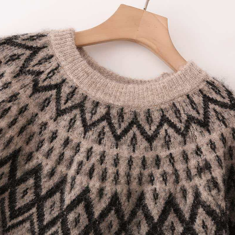 Women's Retro Diamond Light Brown Knit Top