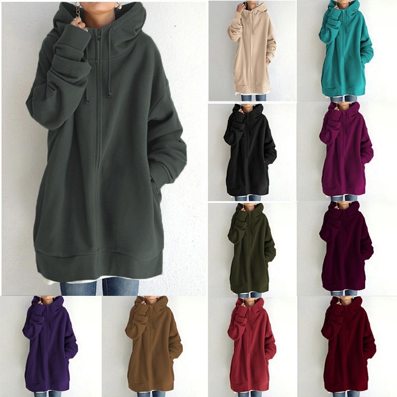 Women's Long Zip-Up Hooded Fleece Sweatshirt Plus Size Streetwear