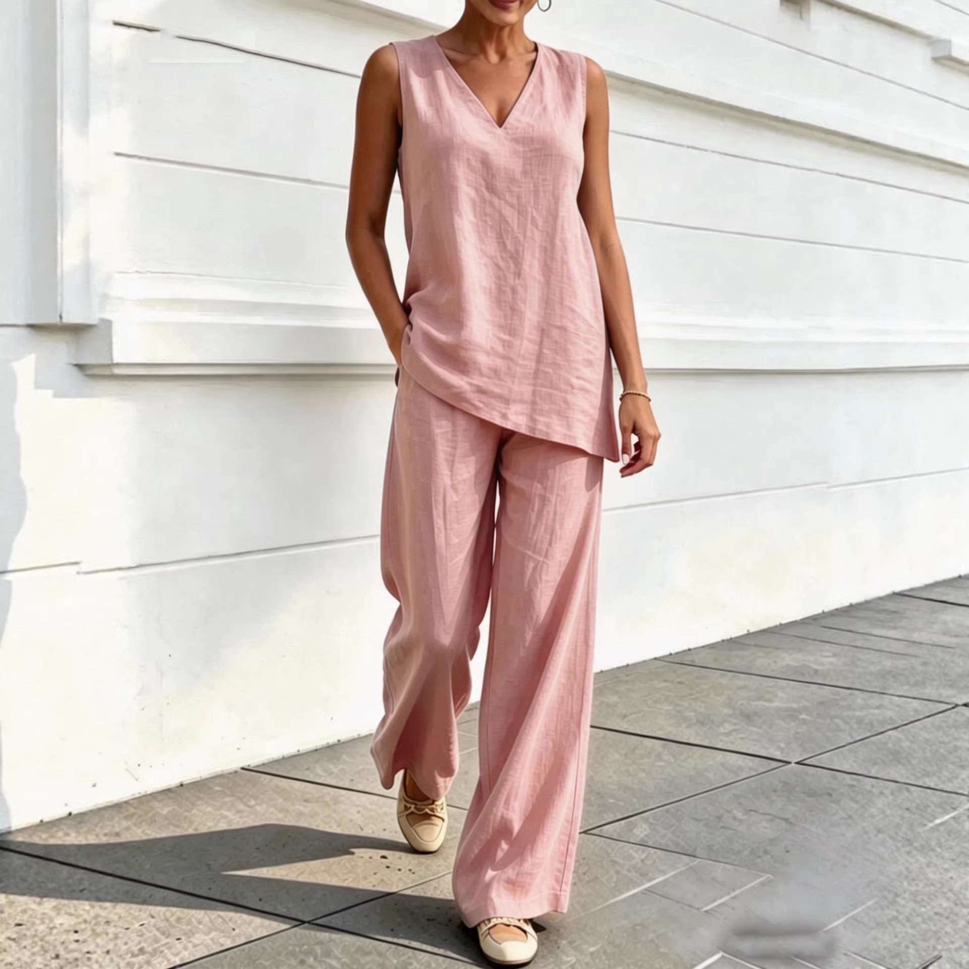 Women's V-Neck Sleeveless Top and Wide-Leg Pants Two-Piece Set
