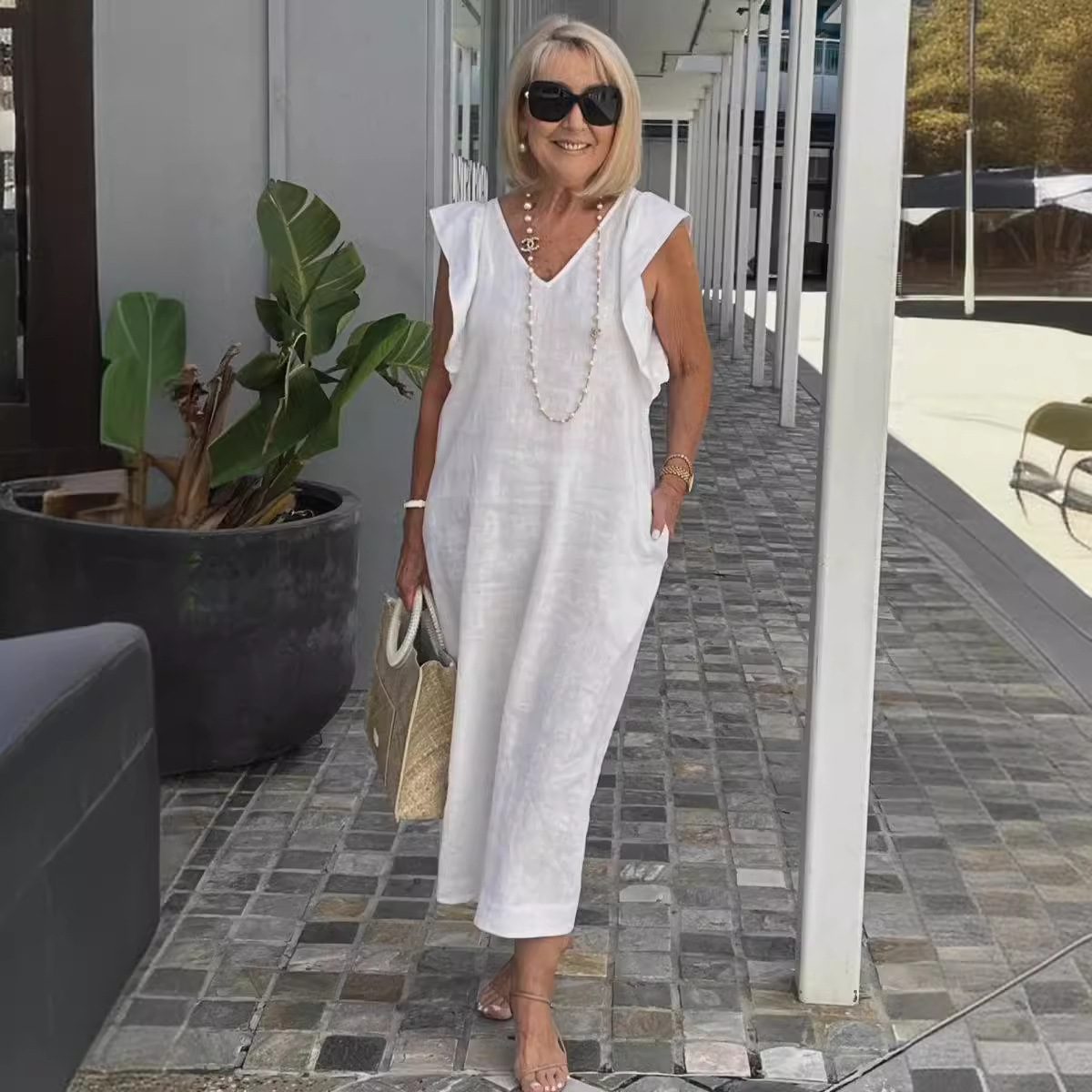 Women's Summer Cotton-Linen Dress with Back Tie and Flutter Sleeves