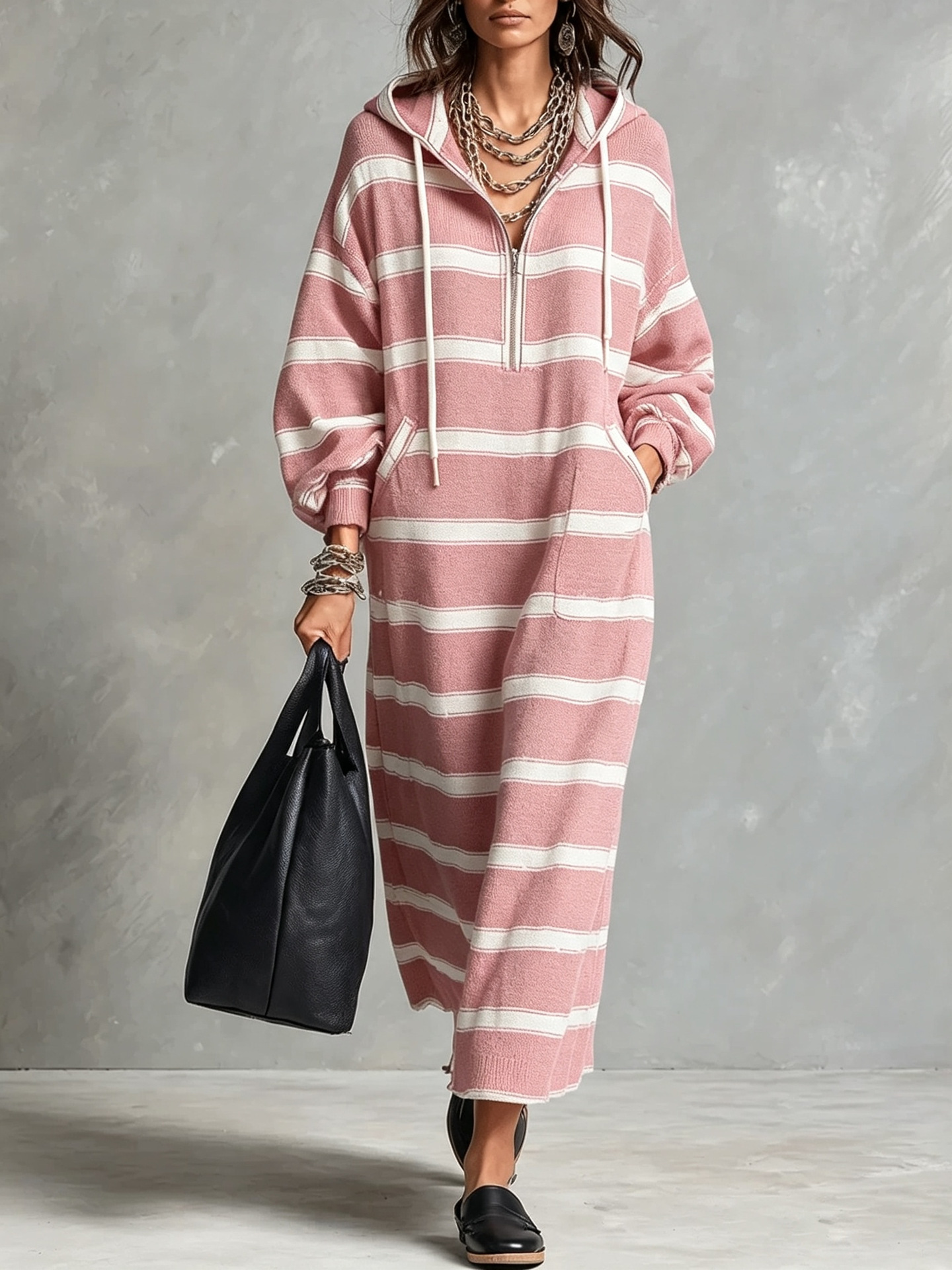Hooded Half-Zip Loose Plus-Size Print Long Sweatshirt Dress