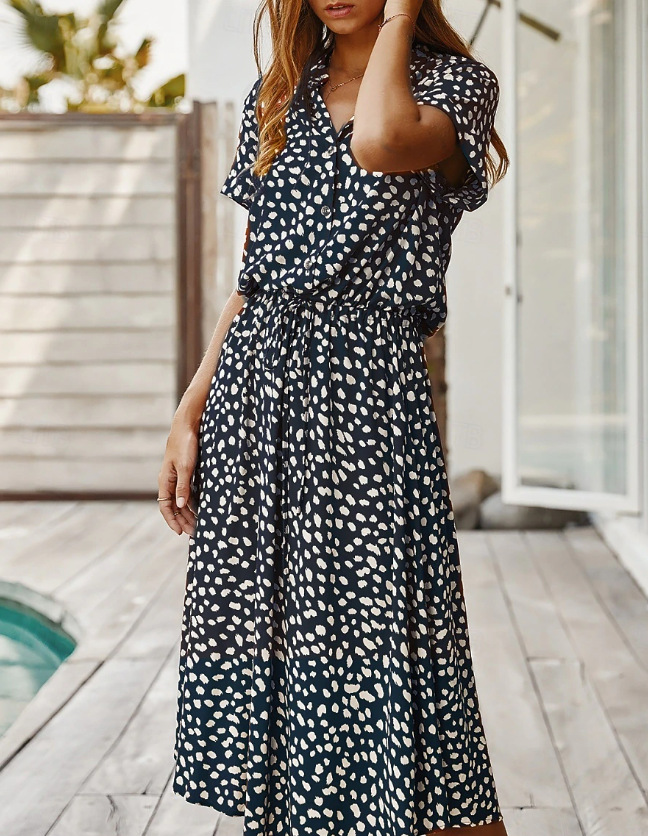 Women's Polka Dot Button-Front Tie Dress with Stone Floral Print