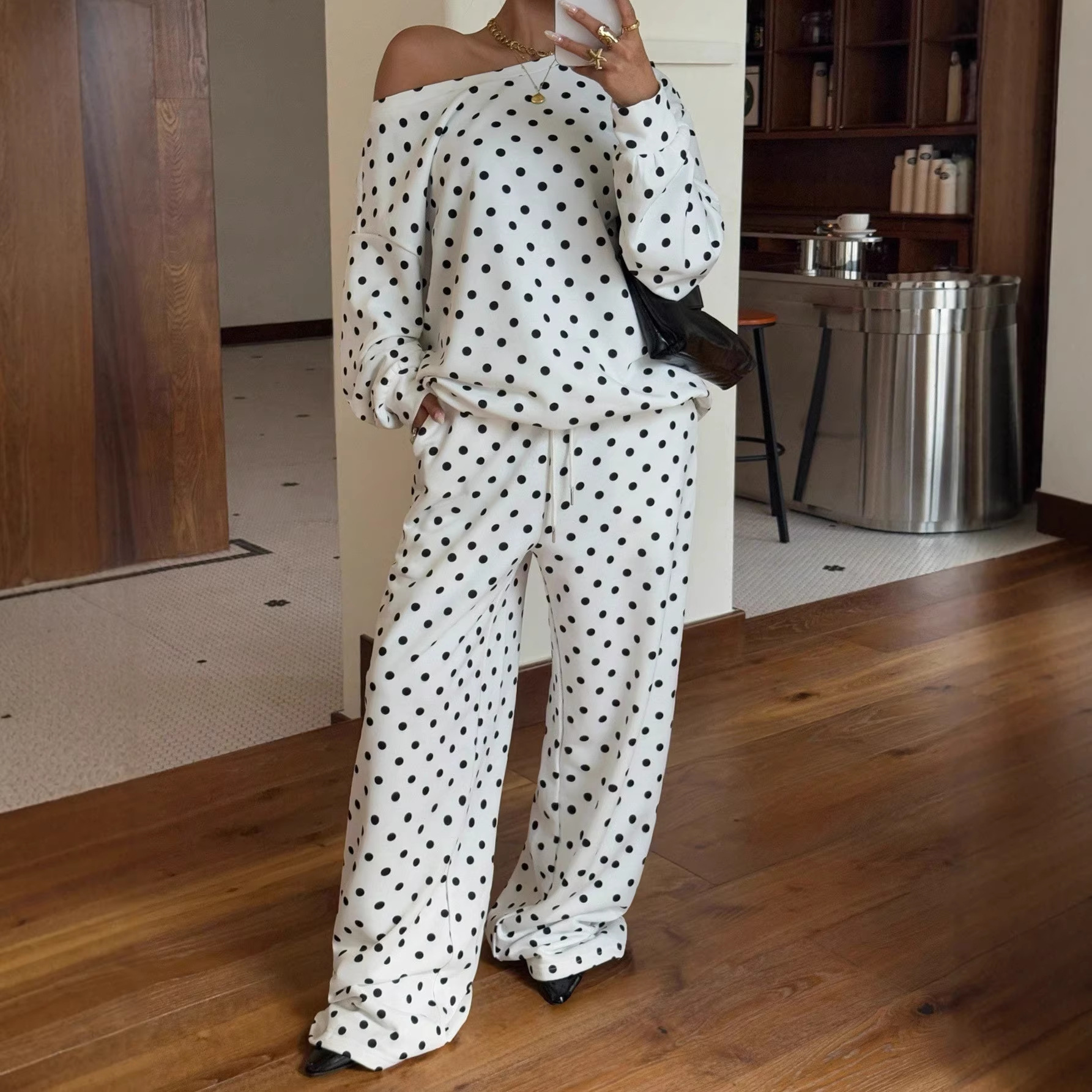 Women's Polka Dot Print One-Shoulder Long Sleeve Drawstring Pants Casual Two-Piece Set