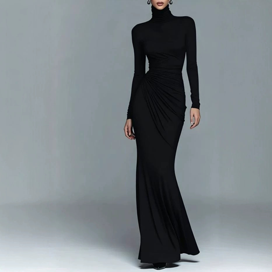 Solid High-Neck Long-Sleeve Fitted Waist-Cinching Maxi Dress