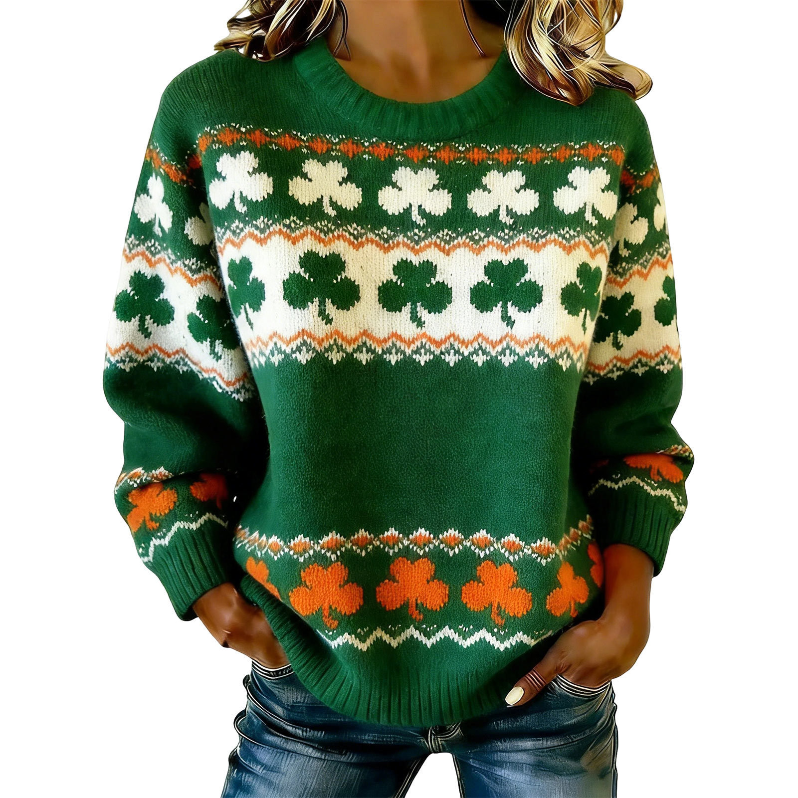 Women's Clover Print Crewneck Sweatshirt Casual Pullover