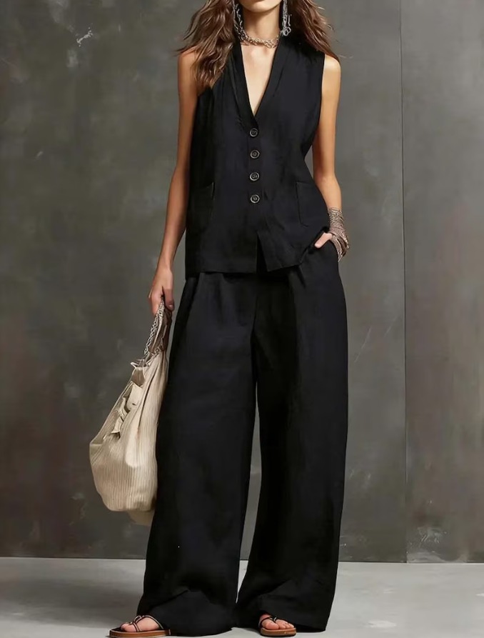 Women's Sleeveless Vest Top and Wide-Leg Pants Cotton-Linen Two-Piece Set