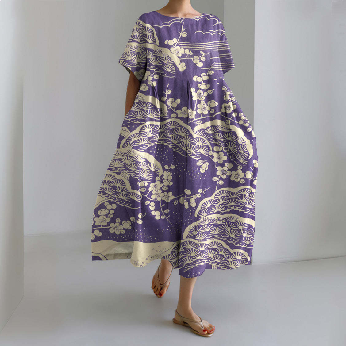 Women's Vintage Floral Print A-Line Midi Dress with U-Neck and Short Sleeves