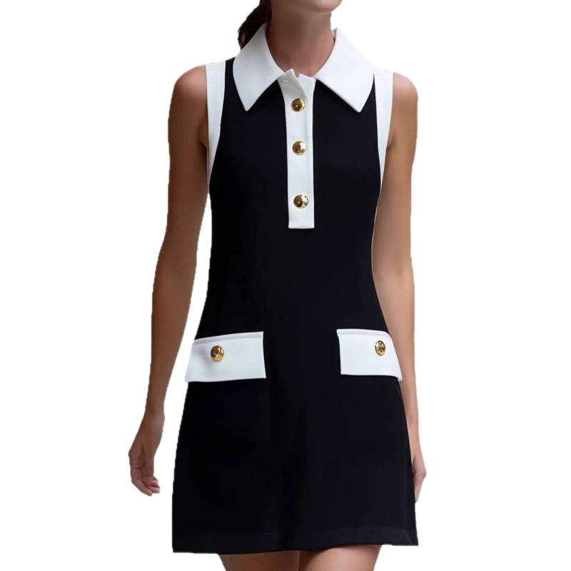 Color-Block Polo Collar Sleeveless A-Line Midi Dress
