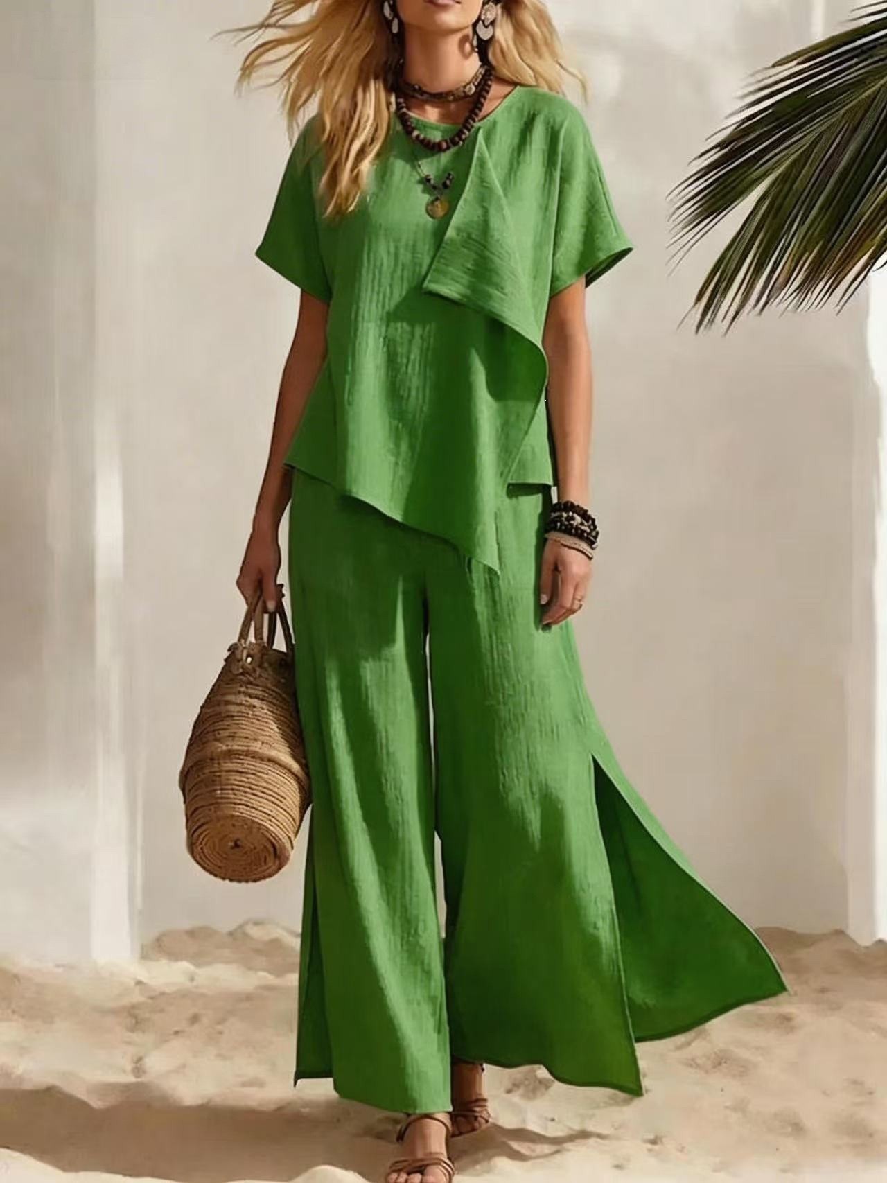 Women's Casual Asymmetric Short Sleeve Top and Slit Wide Leg Pants Set