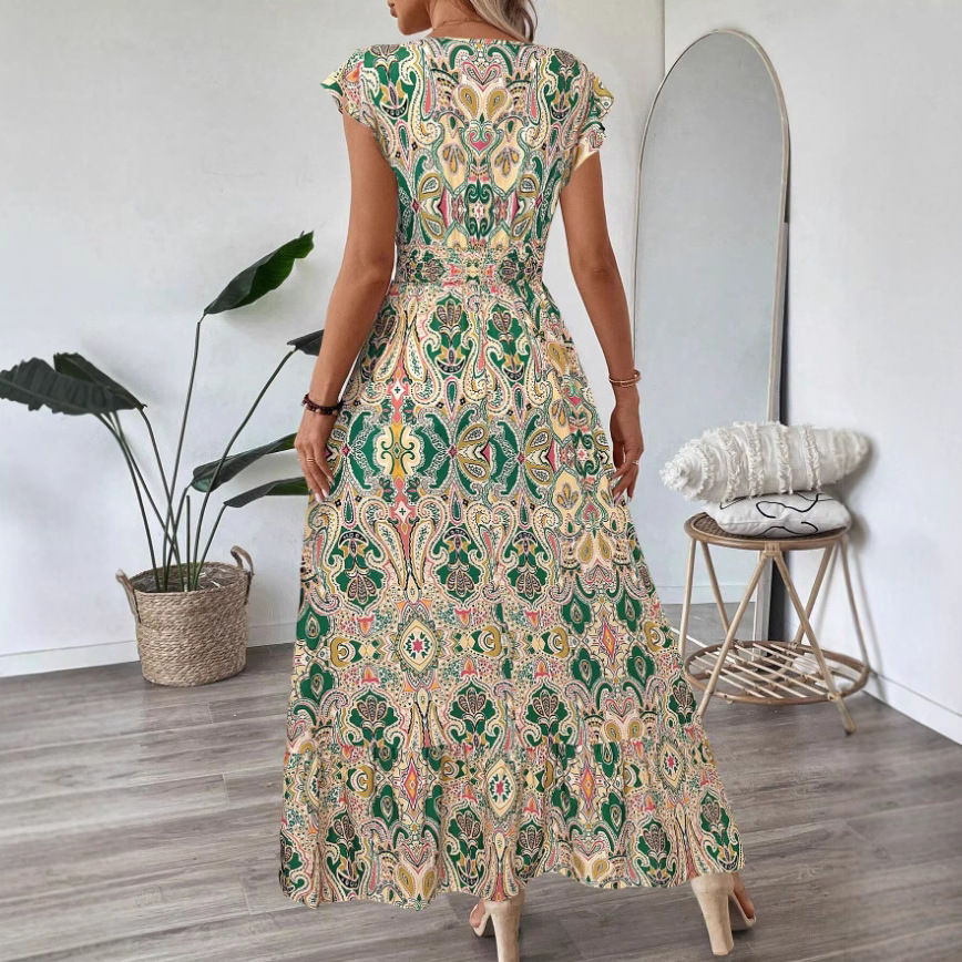 Floral Print V-Neck Ruffle Long Dress