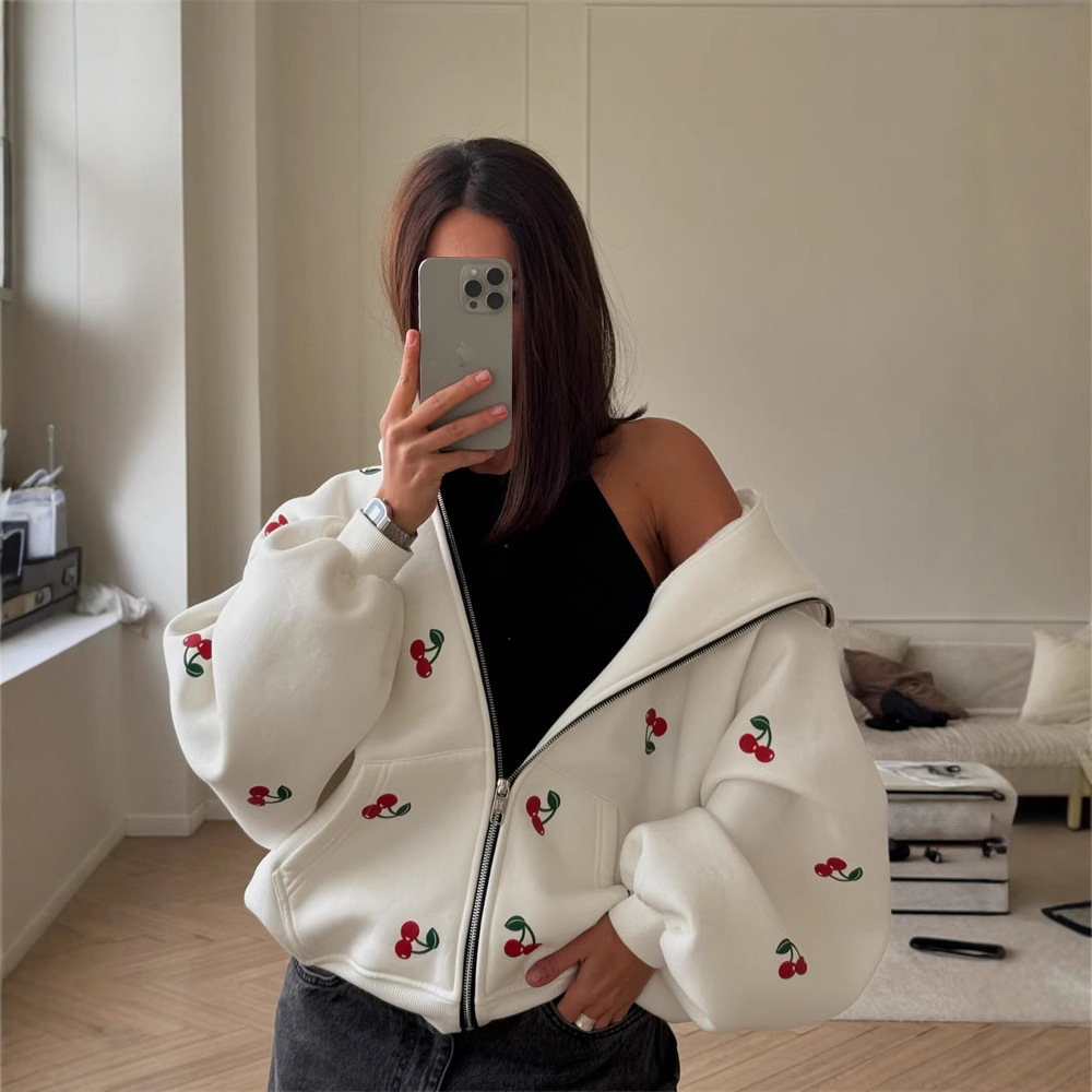 Cherry Print Hooded Zip-Up Sweatshirt Jacket