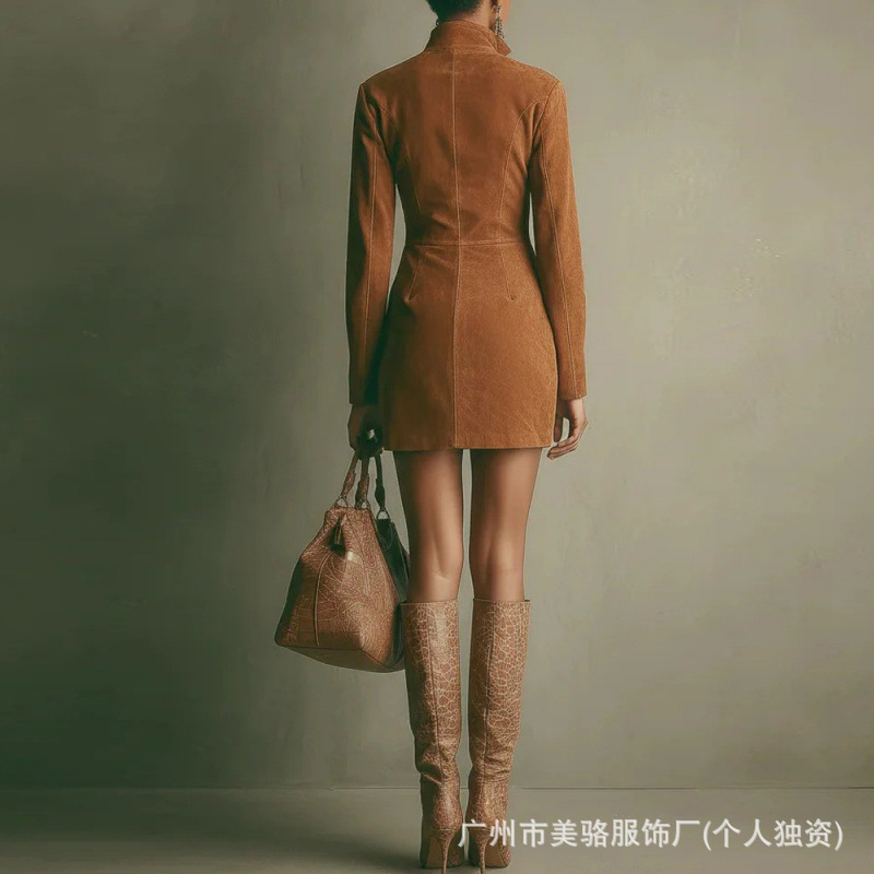 Faux Suede French Zip Long Sleeve Bodycon Mini Dress