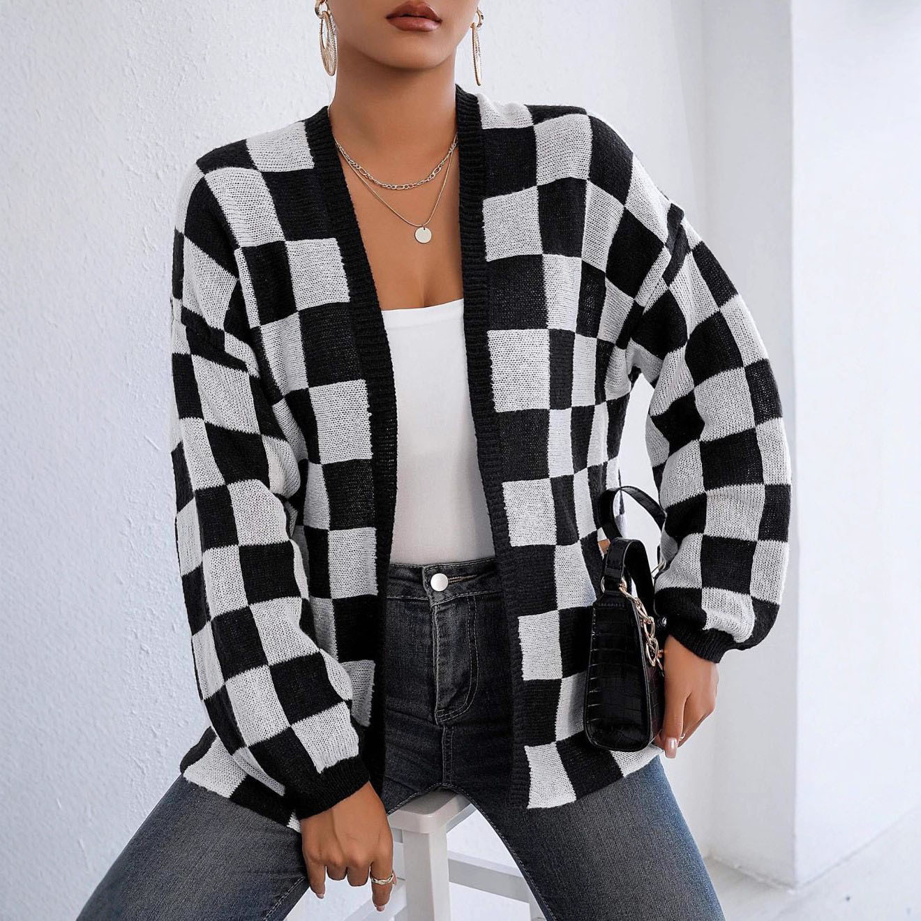 Checkered Open-Front Cardigan Sweater Coat