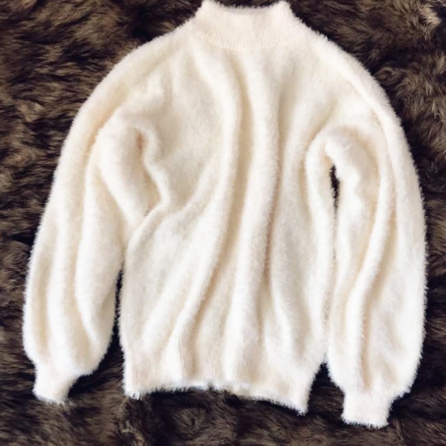Faux Mink Half-Turtleneck Lantern-Sleeve Knit Sweater