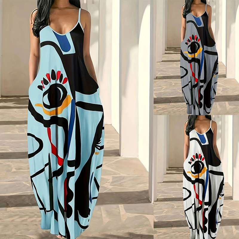 Abstract Face Print Sleeveless Maxi Dress