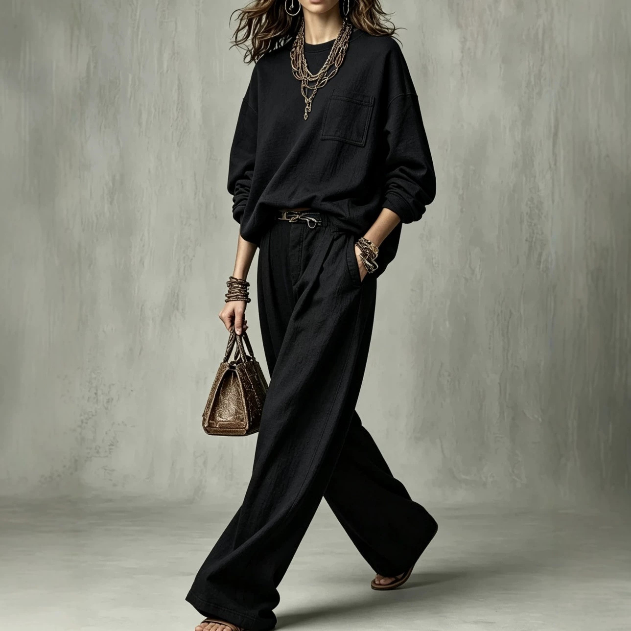 Relaxed Crewneck Sweatshirt & High-Waist Pleated Wide-Leg Pants Set (Belt Not Included)