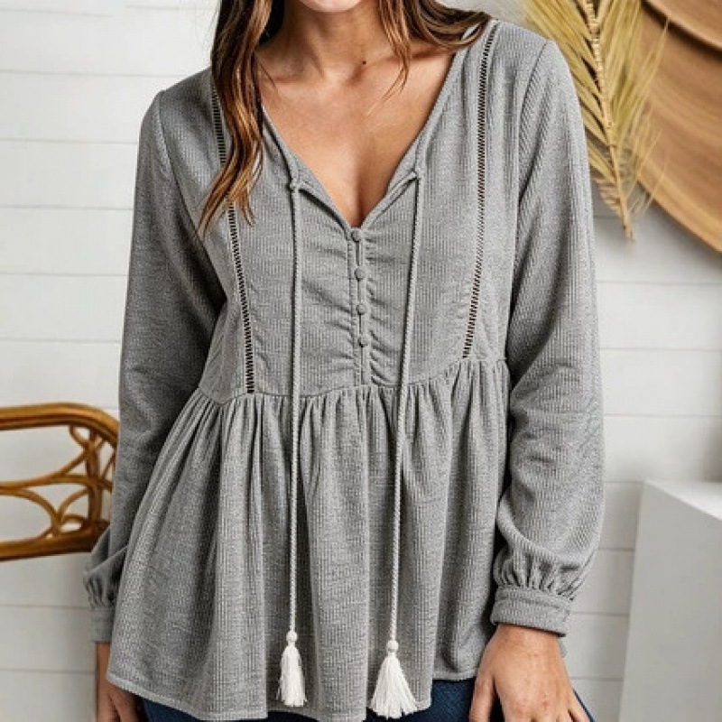 Women's V-Neck Lace Trim Long Sleeve Sweatshirt