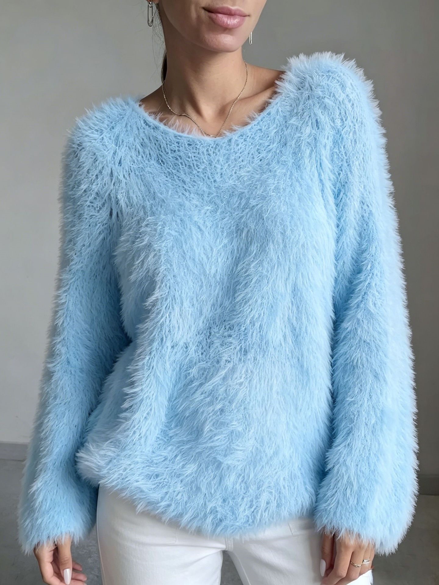 Macaron Color Crewneck Fluffy Long-Sleeve Top