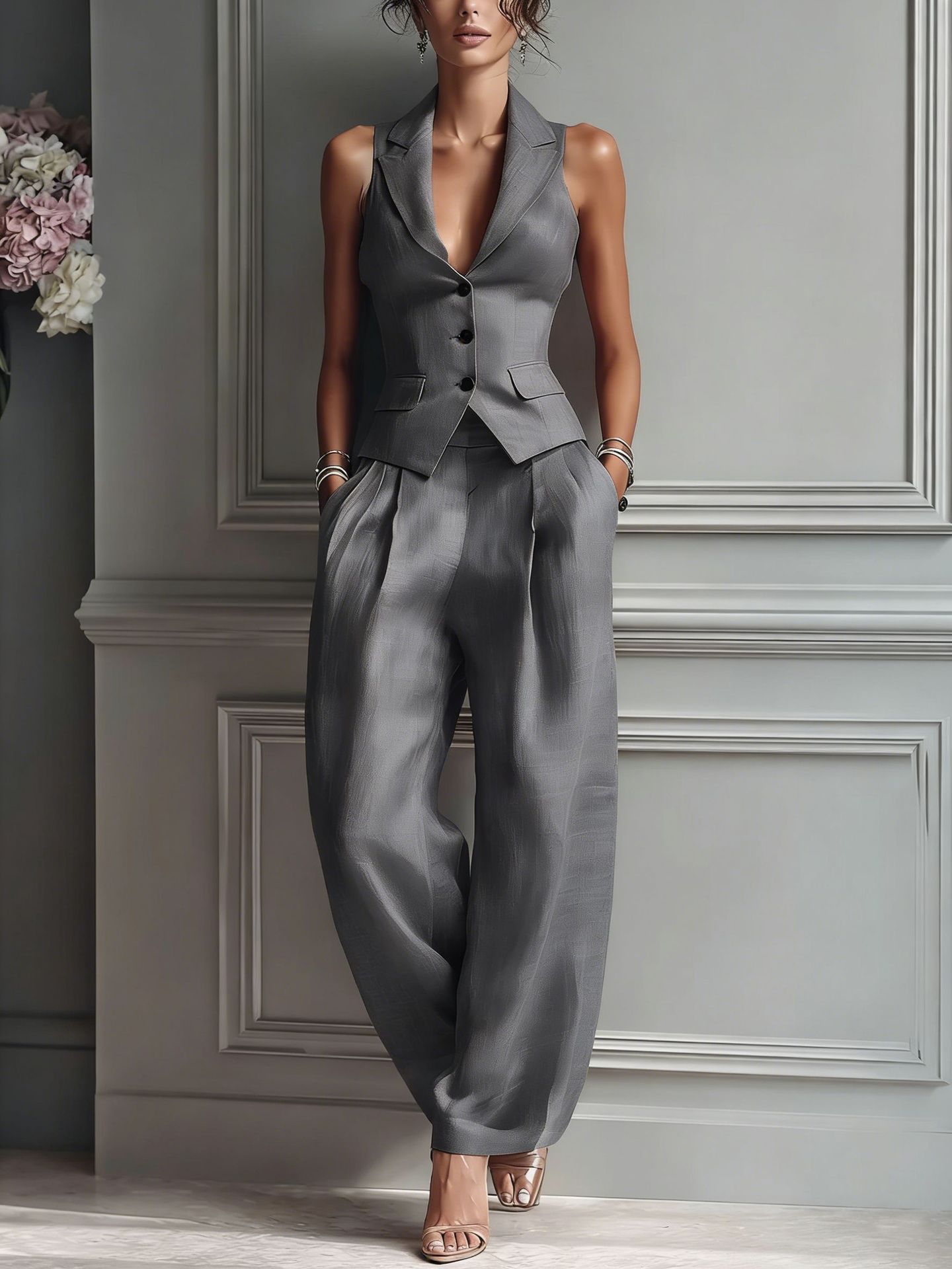Women's Lapel Single-Breasted Vest & Pants Two-Piece Set