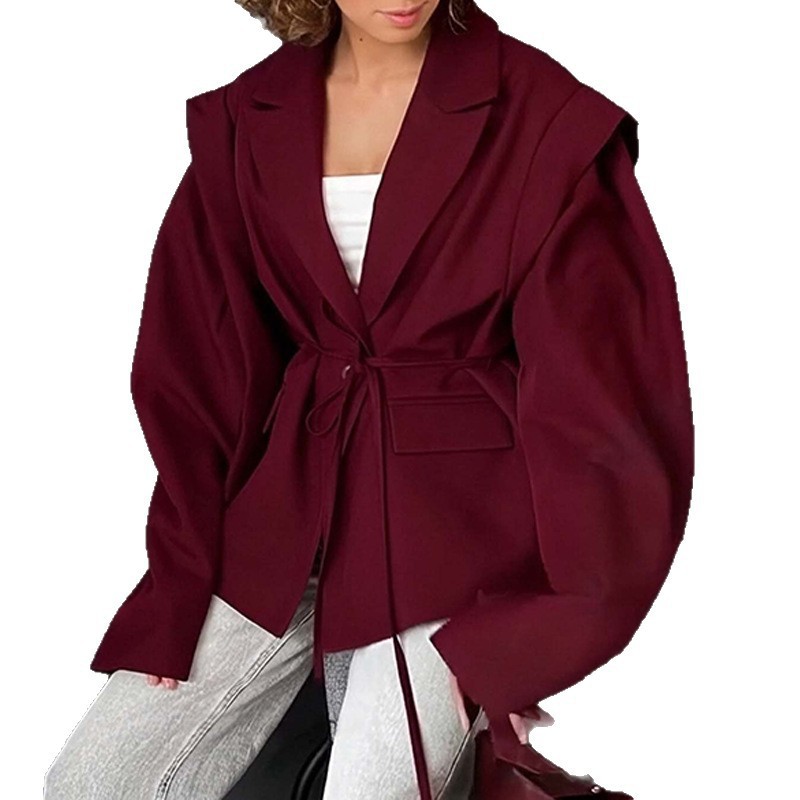 Women's V-Neck Belted Waist-Slimming Loose Fit Jacket