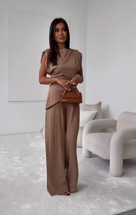 Casual Solid Color Two-Piece Pants Set Long Sleeve Polyester