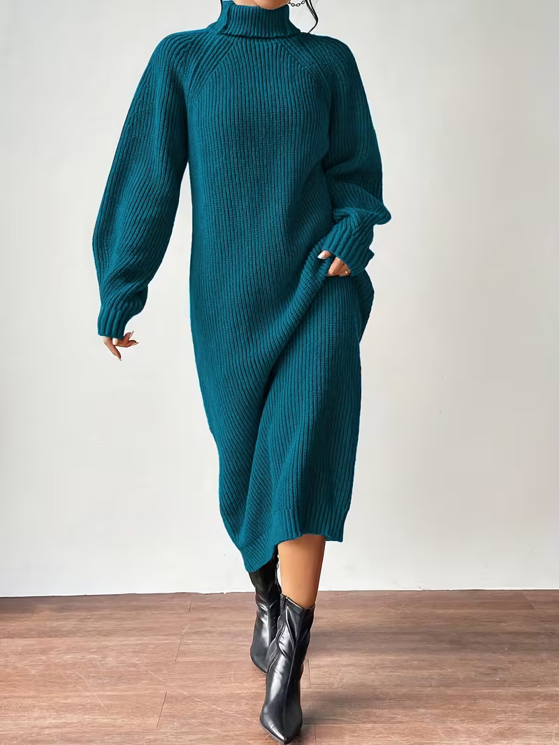Women's Turtleneck Long Sleeve Knit Sweater Dress Solid Color Long Pullover