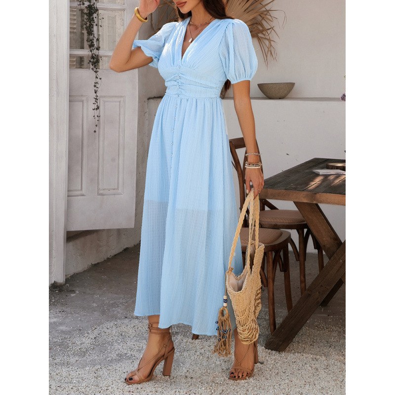 V-Neck High-Waist Short-Sleeve Slit Dress