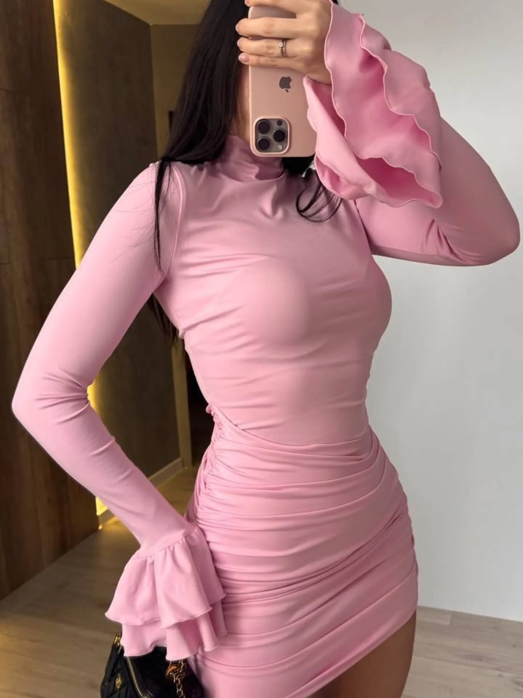 Women's High Neck Flare Sleeve Ruched Bodycon High Waist Dress