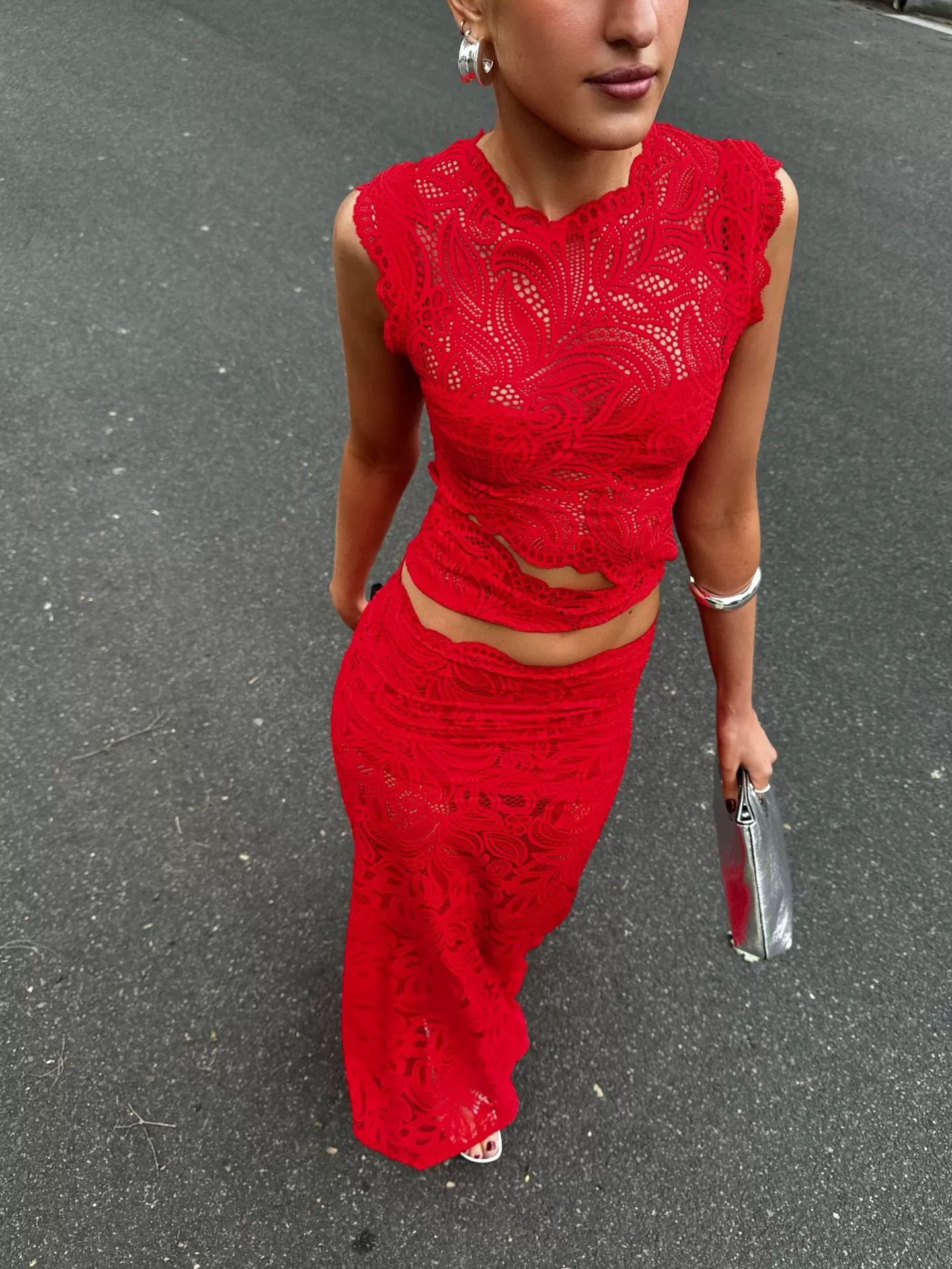 Red Sleeveless Lace Crop Top and Mermaid Skirt Set