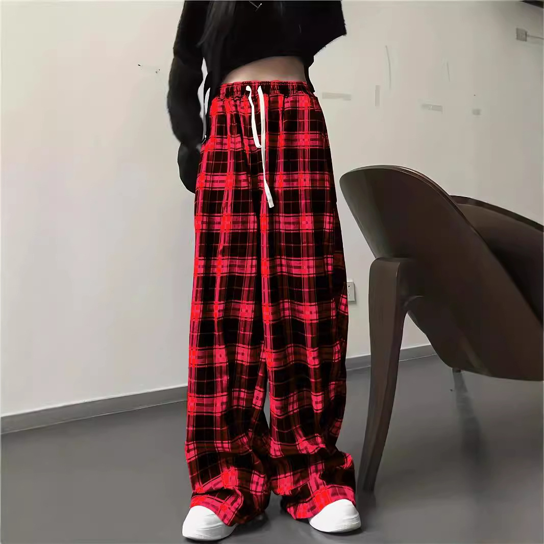 High-Waisted Straight-Leg Plaid Pants for Summer, Black and White