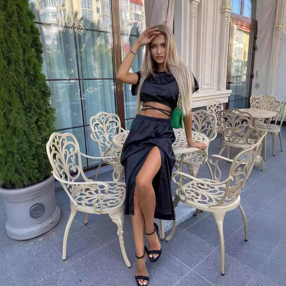 Short Sleeve Top and Slit Midi Skirt Two-Piece Set Solid Color Commuter
