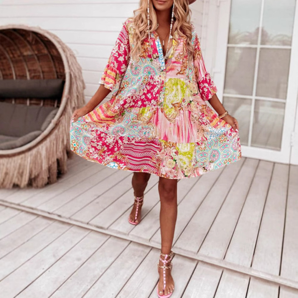 Women's V-Neck Button Print Midi Dress