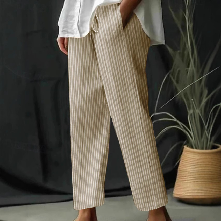 Striped & Solid Cotton-Linen Loose Casual Pants