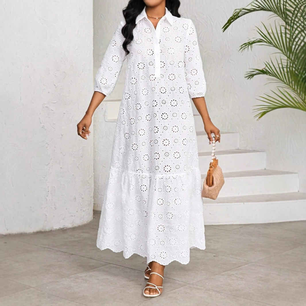 Women's Solid Color 3/4 Sleeve Loose Shirt Collar Hollow Out Lace A-Line Midi Dress