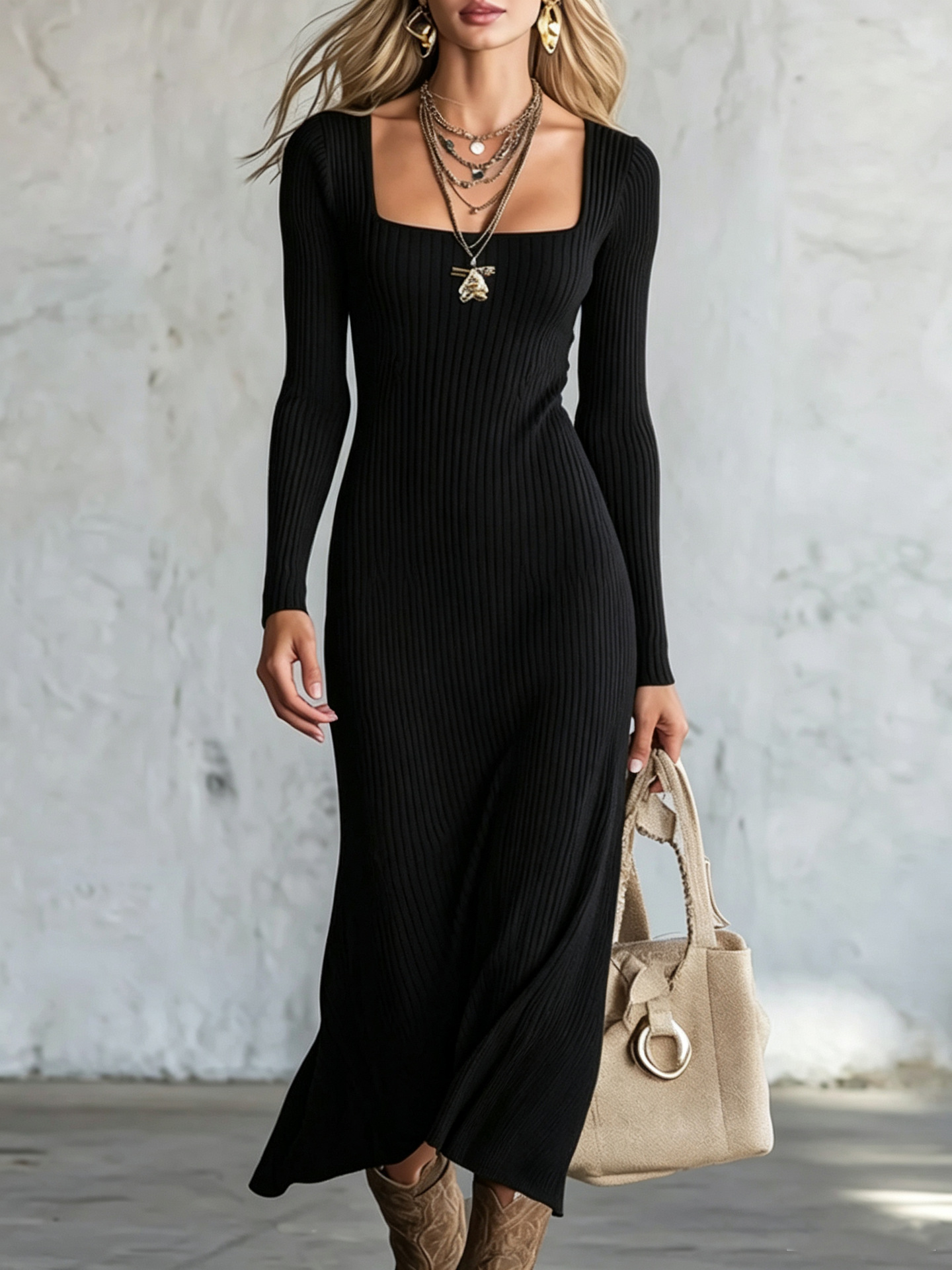 Square Neck Ribbed Knit Long Sleeve Bodycon Mermaid Maxi Dress