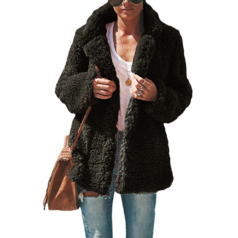 Loose Warm Fleece Solid Color Long Sleeve Collared Cardigan Jacket
